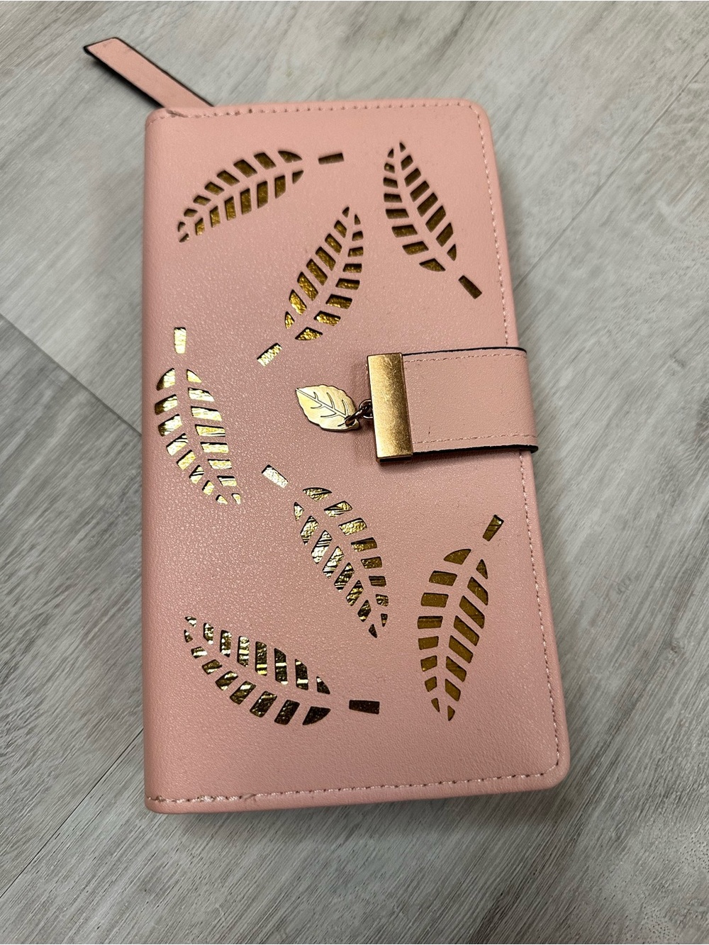 Women’s Soft Pink Wallet with Gold Leaf Cutout Accents